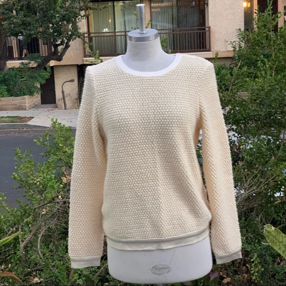 KORA RAE Sweater Satin Trim Hem, Neck and Sleeve Ivory EUC - Picture 1 of 11